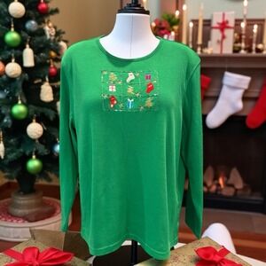Designers Originals Studio JOY Christmas Top Women's L Green Holiday Embroidered